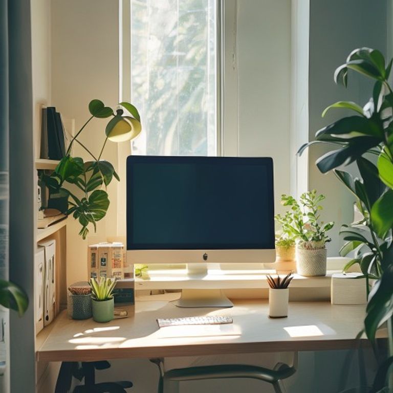Minimalistisk kontorinteriør med planter og naturlig lys ved skrivebord