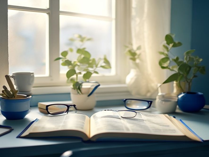 Minimalistisk arbeidsflate med åpen bok og mørkegrønn plant ved siden av, stille og konsentrert miljø